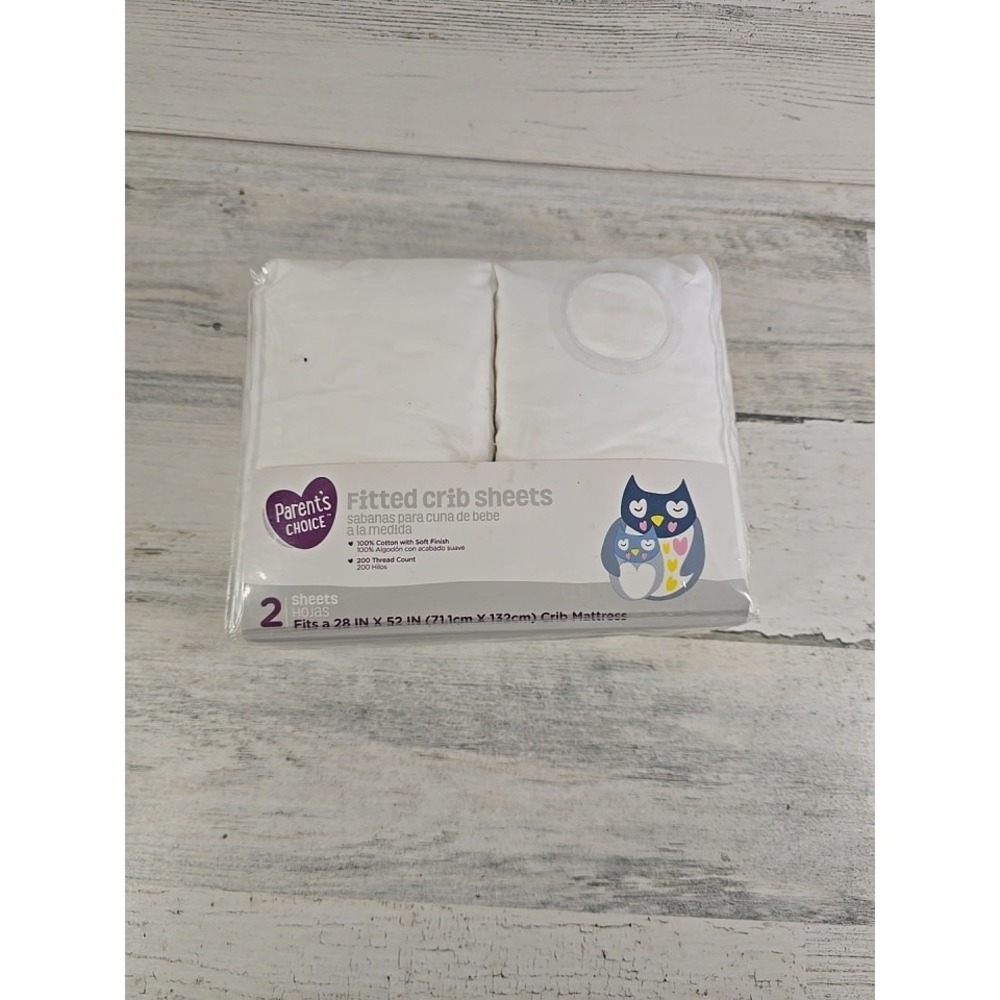Parents Choice White Fitted Crib Sheets 2 Pack 100% Cotton 200 Thread Count NEW